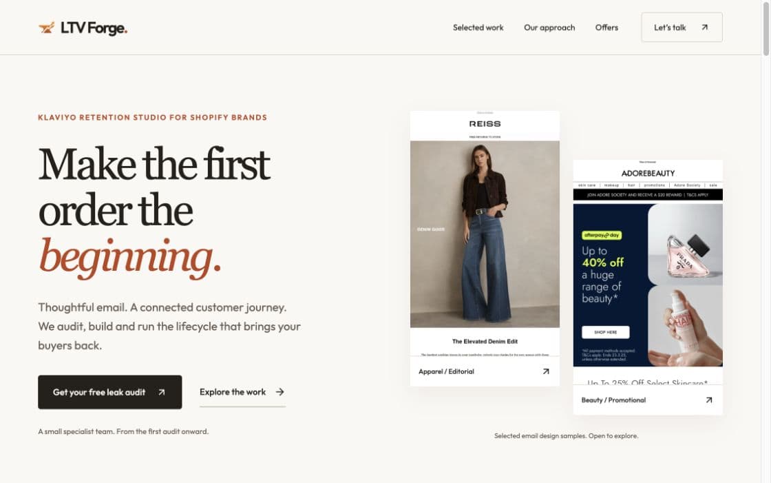 LTV Forge website with a retention marketing offer and leak audit entry point